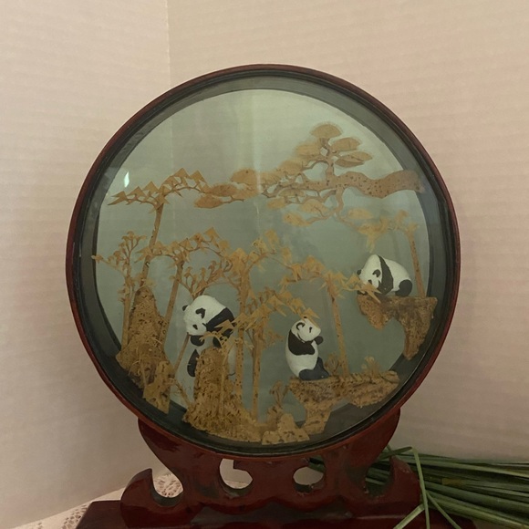 Pair of Asian Cork Carving Displays Panda Bears & Village scene - Picture 2 of 8